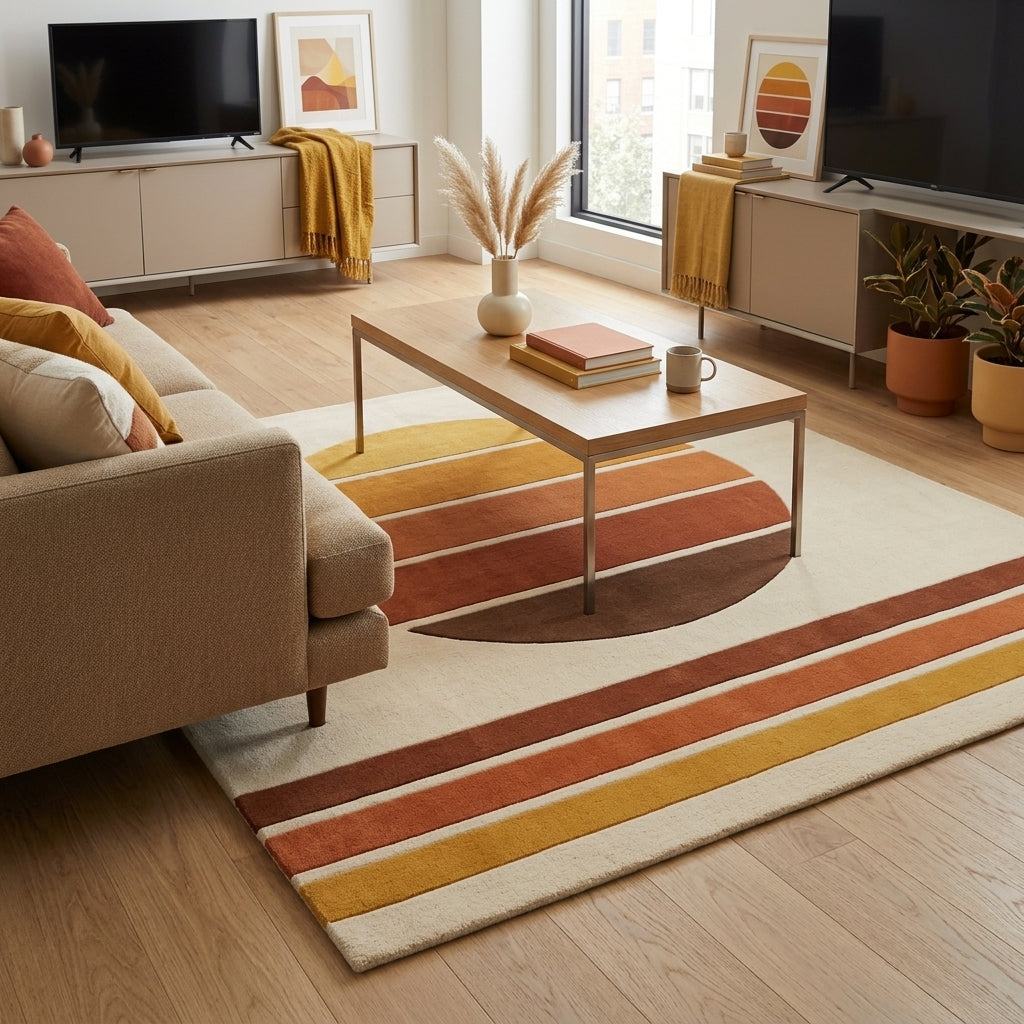 Handmade Retro Rug with an ivory wool-like pile, featuring a mustard, rust and brown sunset circle with ivory lines and matching stripes.