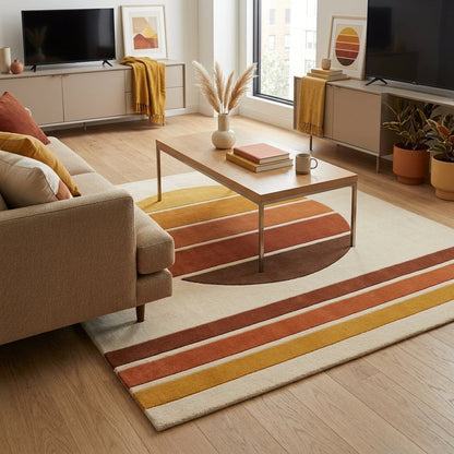 Handmade Retro Rug with an ivory wool-like pile, featuring a mustard, rust and brown sunset circle with ivory lines and matching stripes.