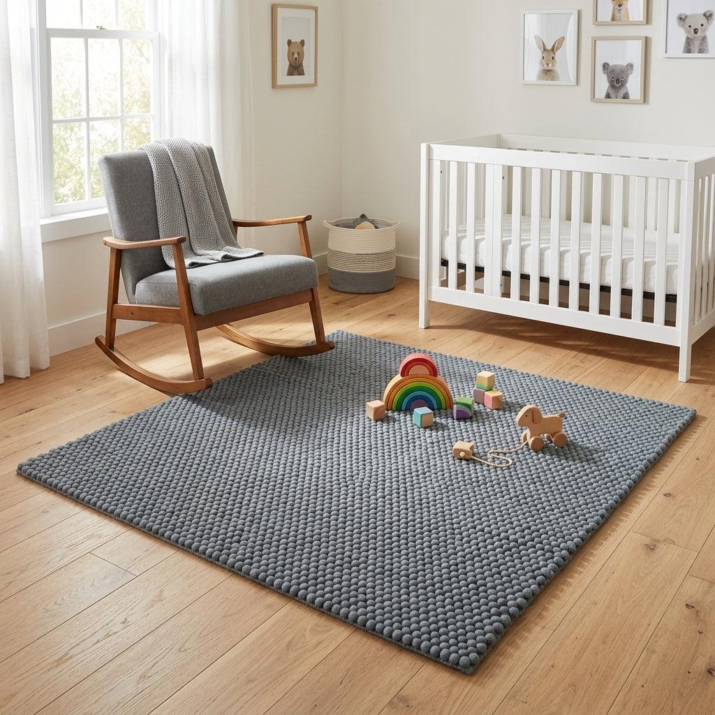 Chunky Wool Rug in slate blue-gray, with thick handwoven rows of rounded pebble-like wool fibers and a textured finish.