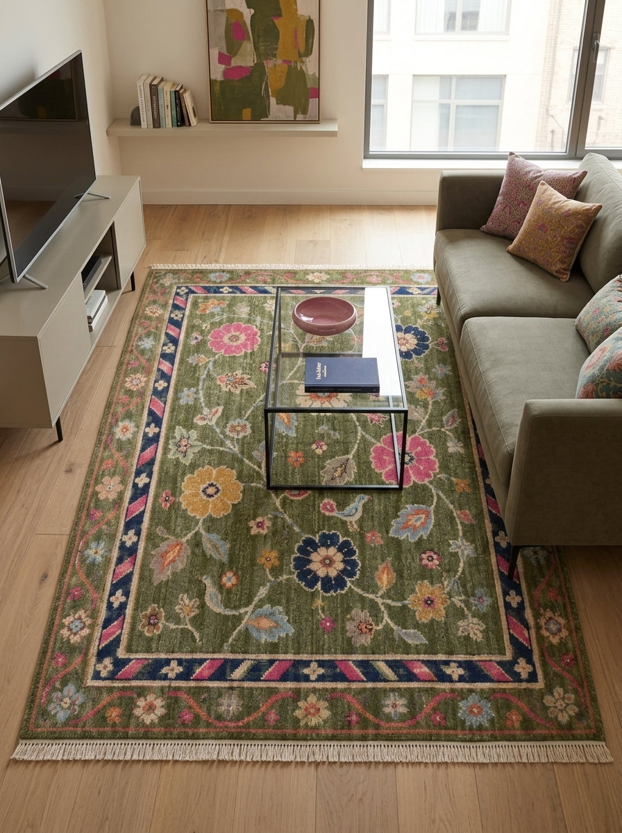 Olive Green Floral Bird Hand Knotted Wool Rug, Folk Garden Pink Navy Border