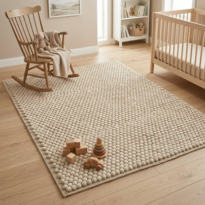 Chunky Wool Rug in oatmeal and beige melange, with a thick woven surface of rounded pebble-like loops and bound edges.