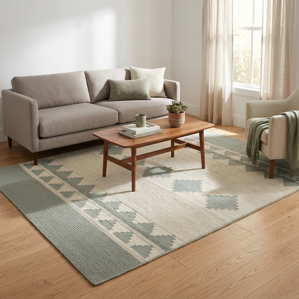 Southwestern Flatweave Wool Rug in sage green and cream, with ribbed texture and geometric diamond and triangle bands.