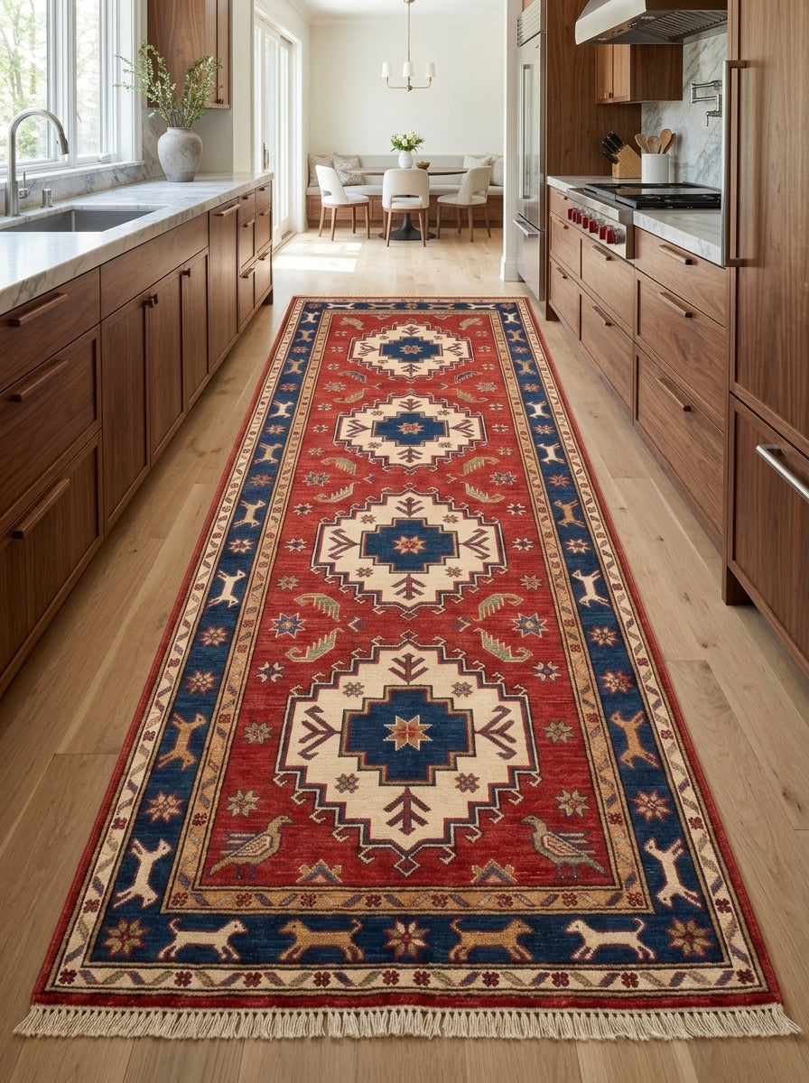 Hand Knotted Oushak Runner Rug in red wool with ivory and navy medallions, bird motifs, animal border and fringe.