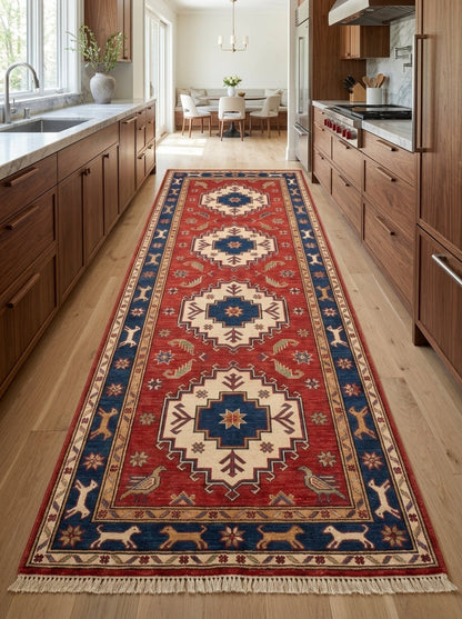 Hand Knotted Oushak Runner Rug in red wool with ivory and navy medallions, bird motifs, animal border and fringe.