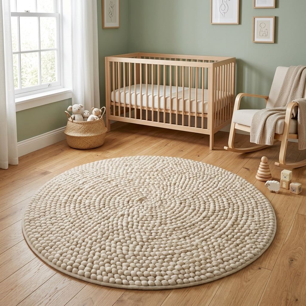 Chunky Wool Rug in cream ivory with a thick, handwoven pebble texture arranged in concentric spiral rings.