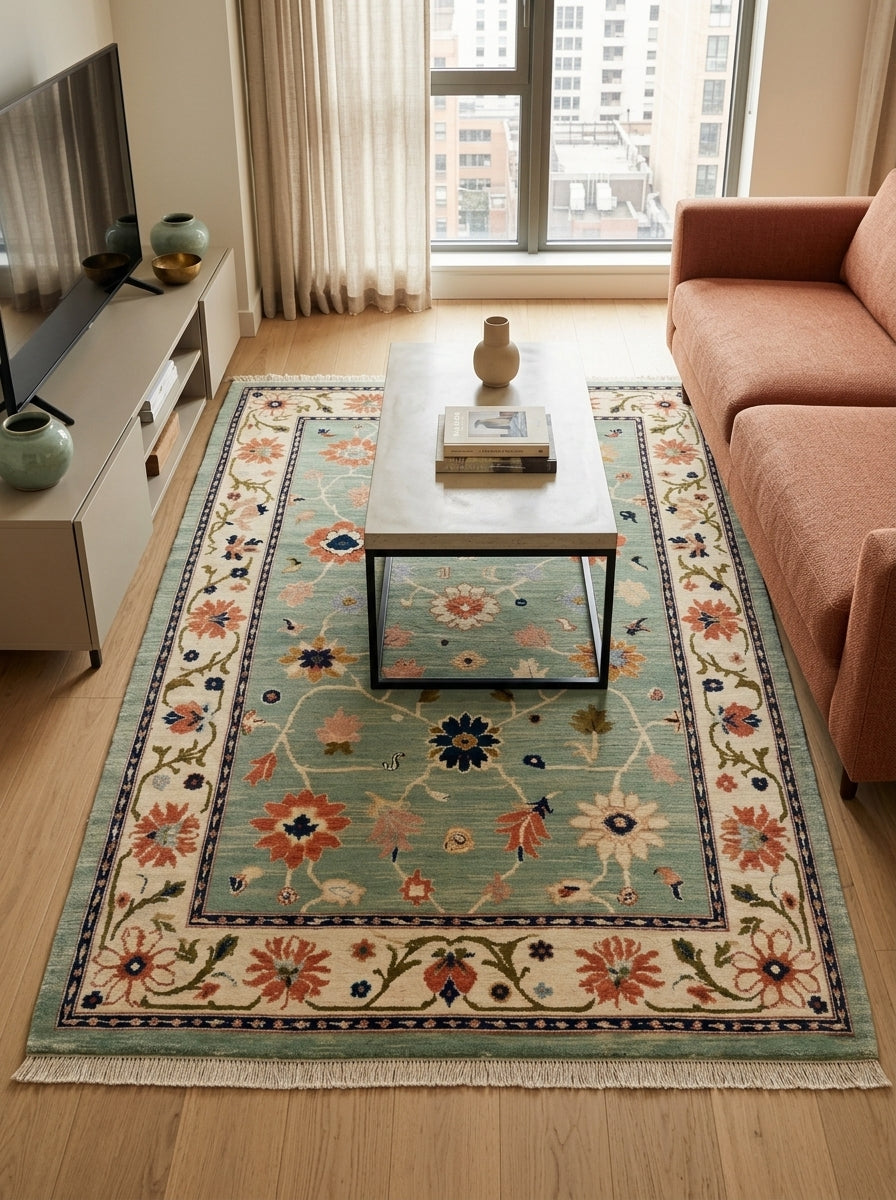 Oushak Hand Knotted Rug in mint green wool, with coral and navy florals, an ivory floral border, and fringe edges.