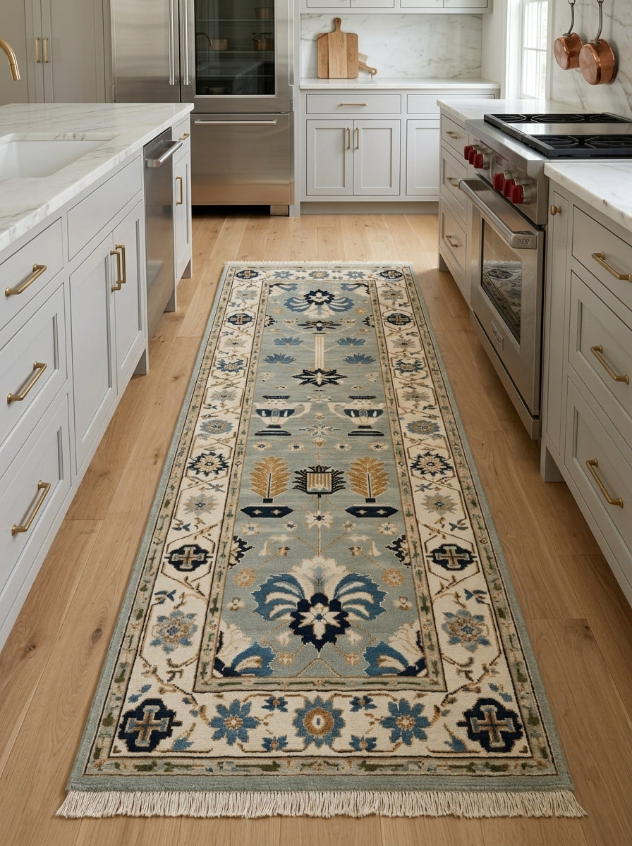 Hand Knotted Oushak Runner Rug in soft blue wool, with ivory floral borders, navy and copper motifs, and fringe.