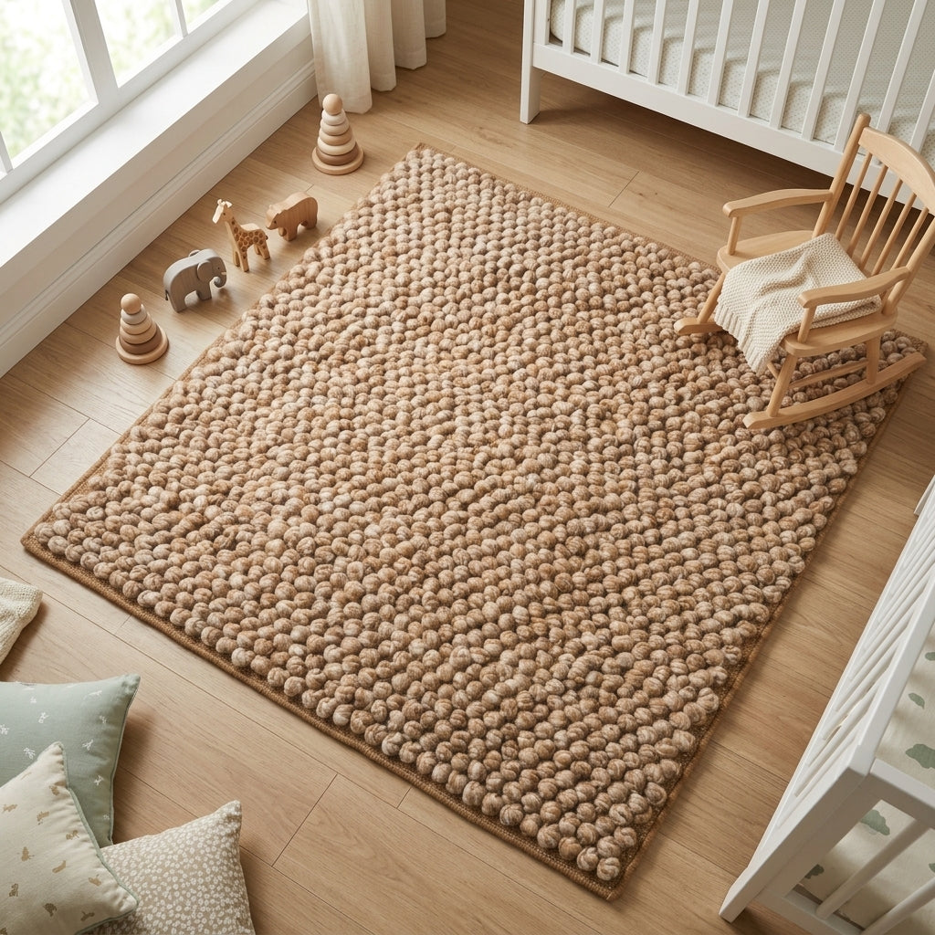 Chunky Wool Rug, Handwoven Pebble Texture Area Rug, Camel Beige Heathered Carpet, Modern Organic Minimalist Decor, Thick Cozy Living Room Floor Rug