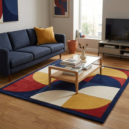 Handmade Retro Rug, a wool tufted design in navy, red, mustard and ivory with bold interlocking curves and a navy border.
