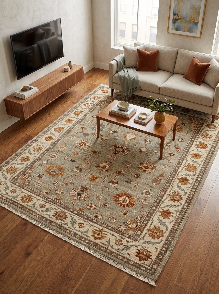 Oushak Hand Knotted Rug in sage gray wool, with rust and gold floral motifs and an ivory vine border.