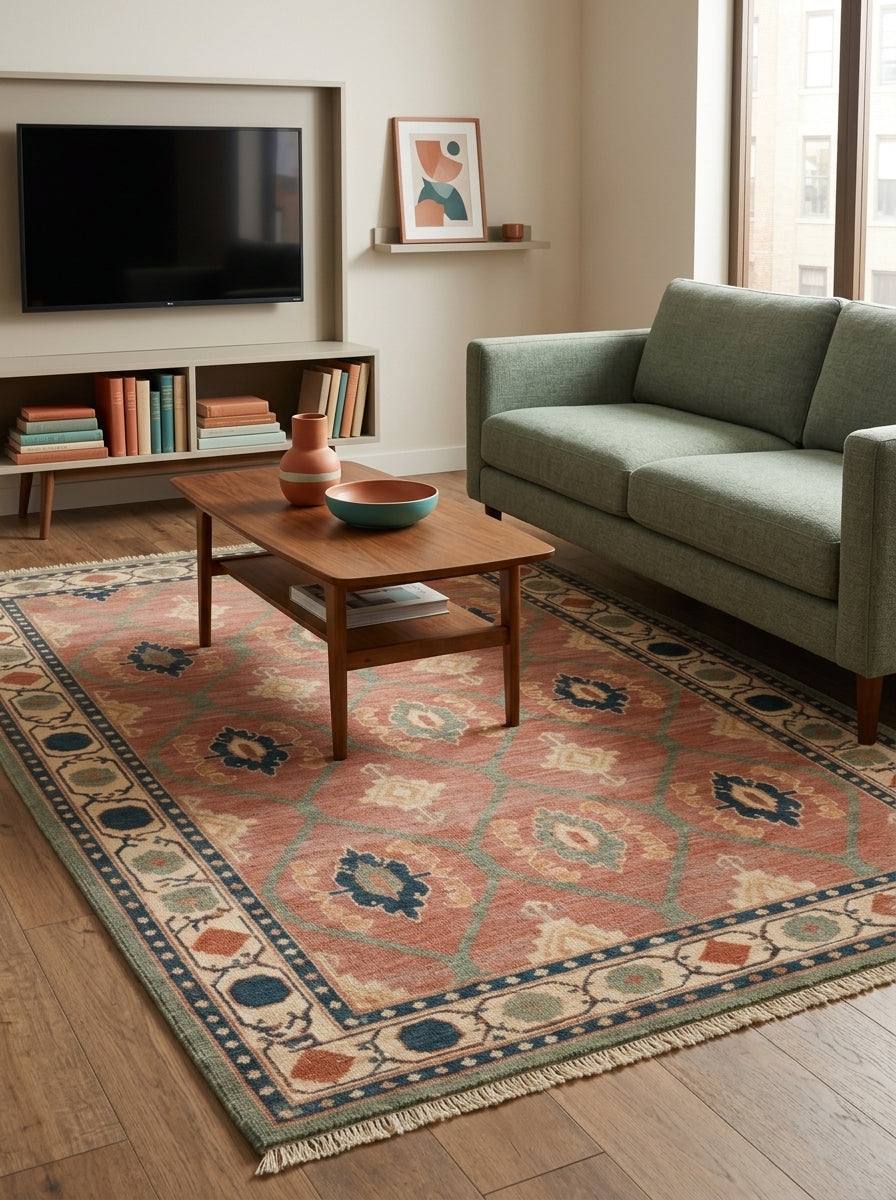 Oushak Hand Knotted Rug in coral pink wool with sage lattice, navy and ivory medallions, ornate border and fringe.