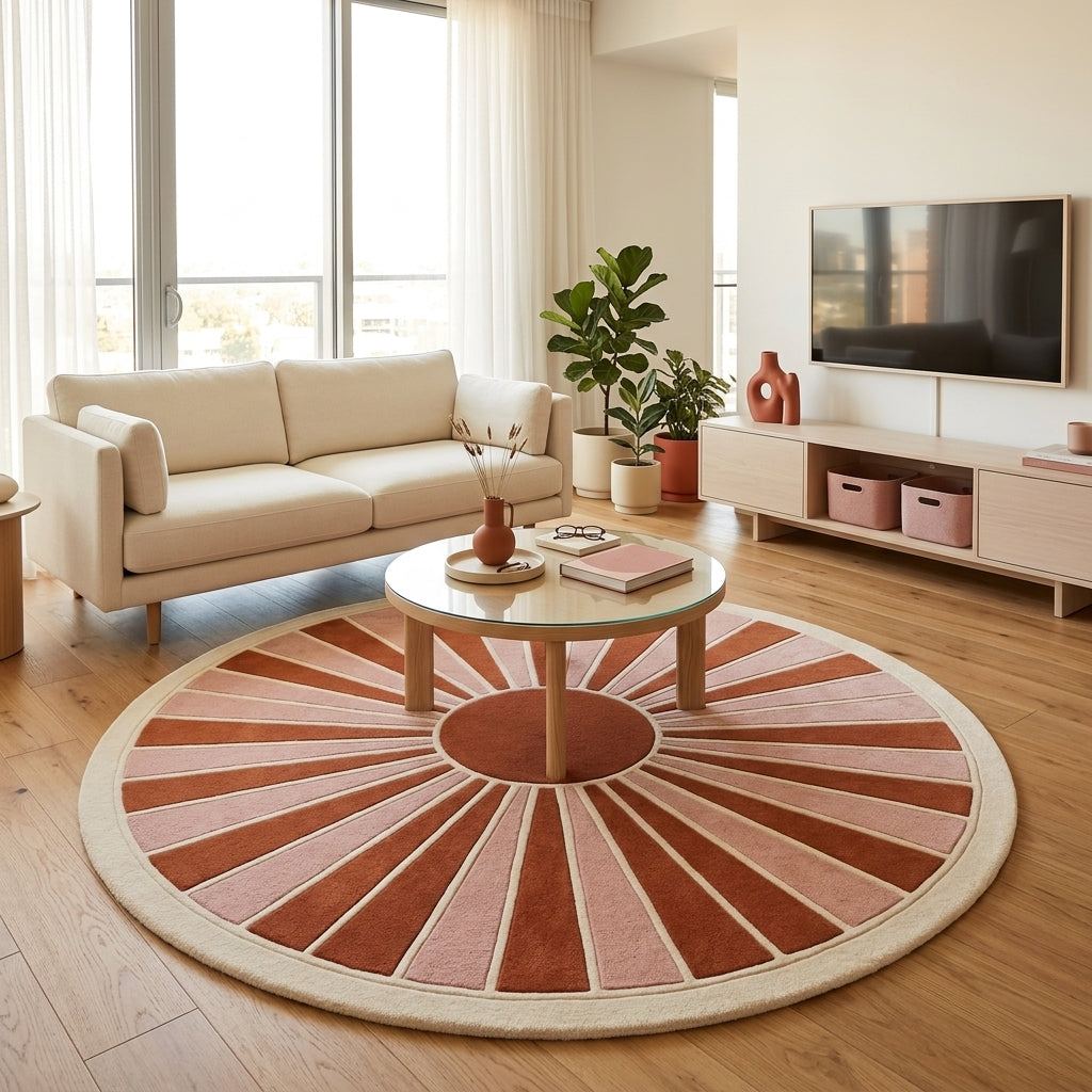 Handmade Retro Rug in wool, with an oval sunburst of terracotta and blush pink rays, ivory outlines and a wide border.