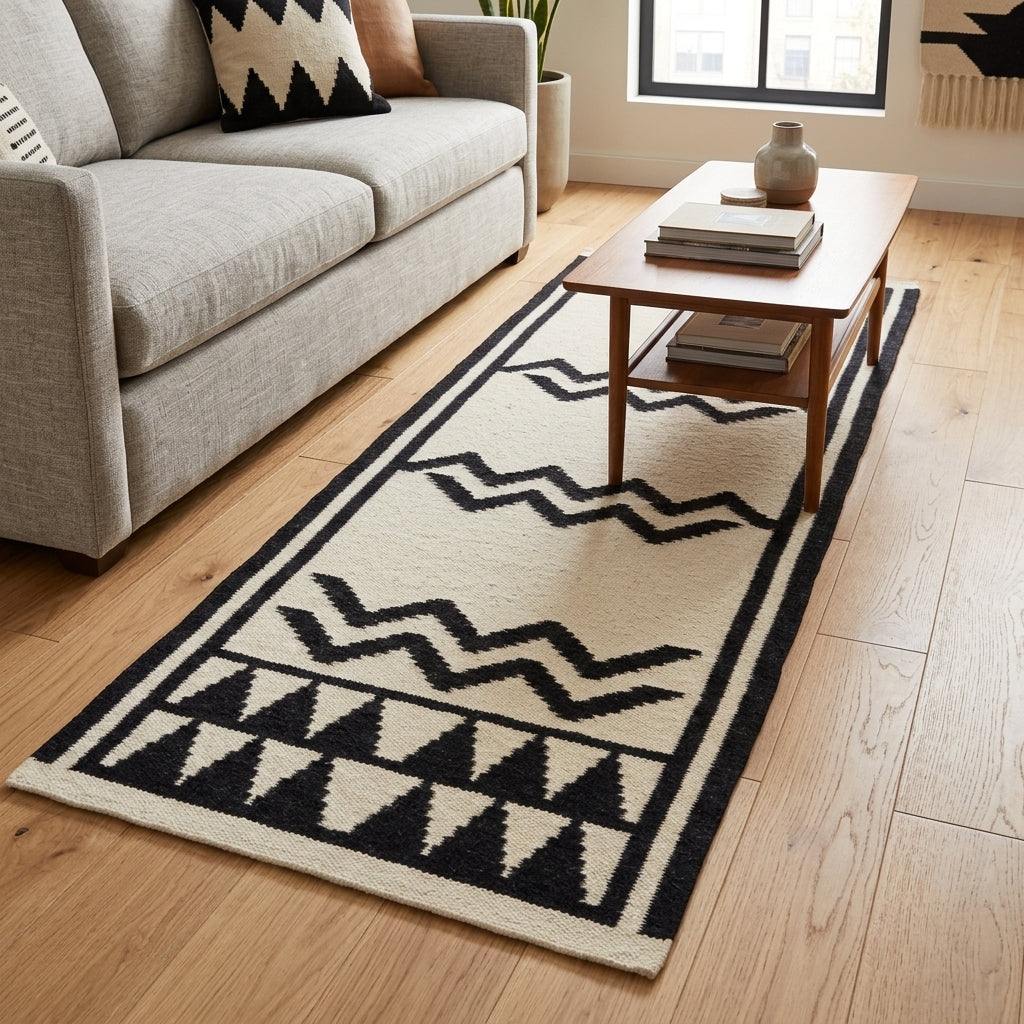 Hand Knotted Oushak Runner Rug in ivory wool with bold black zigzag bands and geometric triangle borders, woven texture