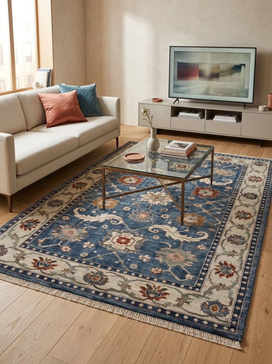Oushak Hand Knotted Rug in blue wool, with ivory floral border, scrolling leaf motifs, rust and sage flowers, and fringed ends.