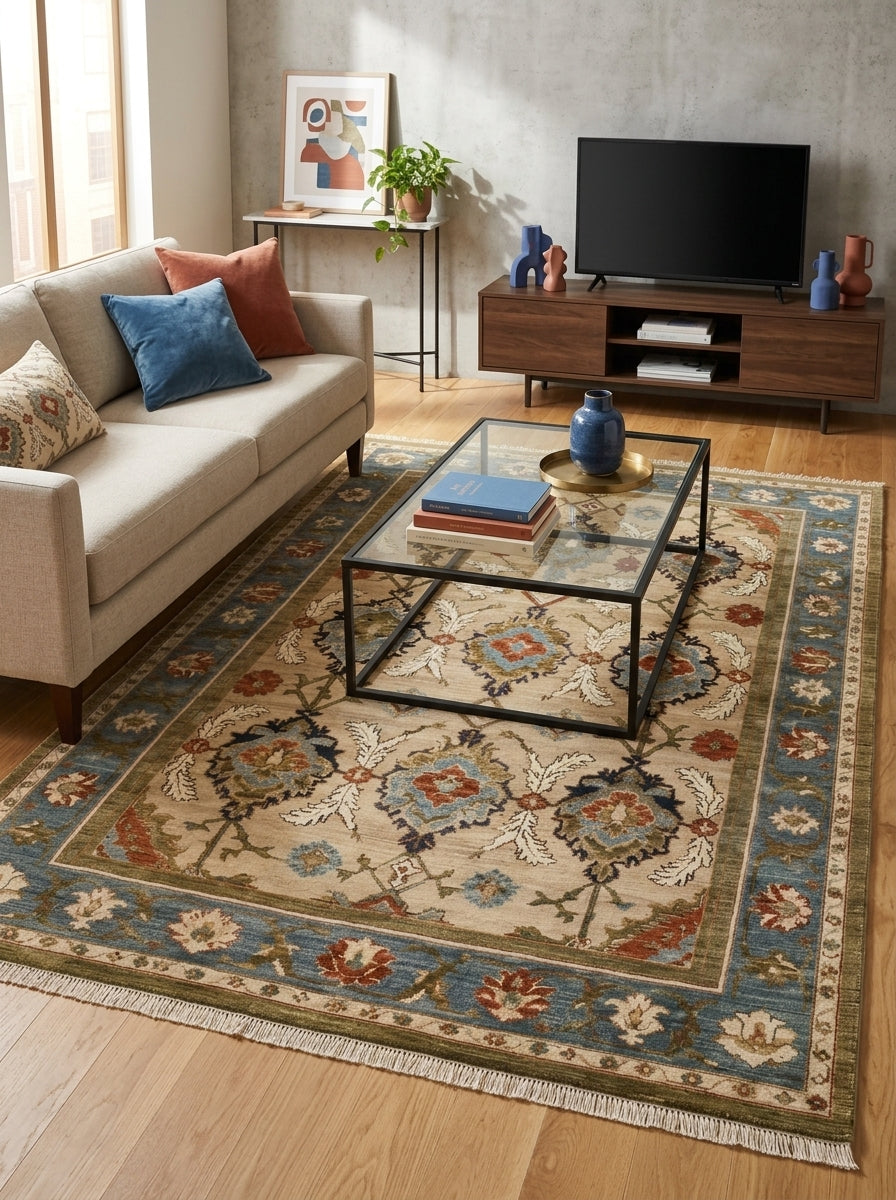 Oushak Hand Knotted Rug in camel beige wool, featuring a floral palmette lattice, slate blue border and fringe edges.