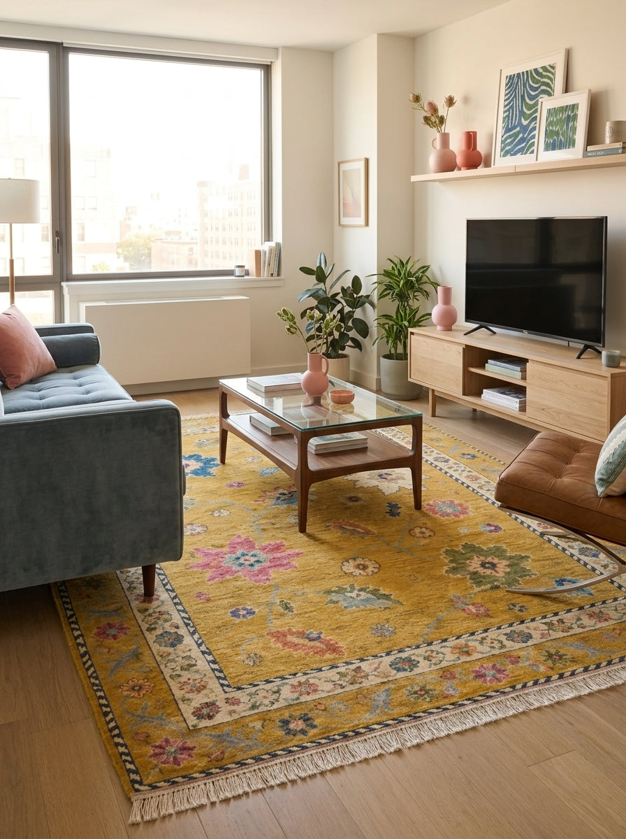 Mustard Yellow Floral Hand Knotted Wool Rug, Oushak Style Ivory Border