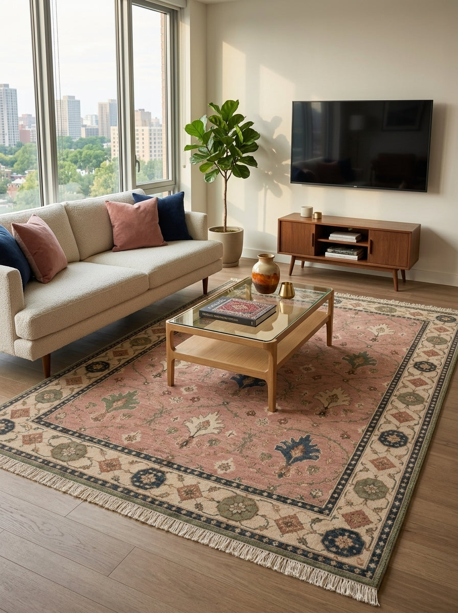Blush Pink Palmette Hand Knotted Wool Rug, Floral Ogee Lattice Ivory Border