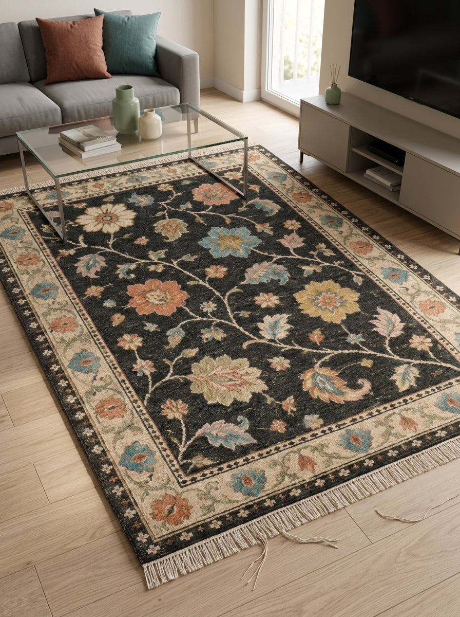 Charcoal Black Floral Hand Knotted Wool Rug, Oushak Style Ivory Border