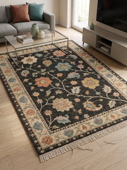Charcoal Black Floral Hand Knotted Wool Rug, Oushak Style Ivory Border
