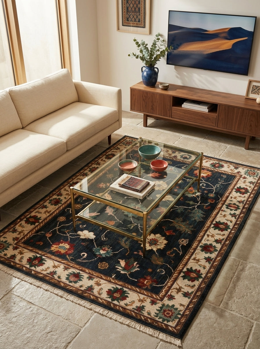 Oushak Hand Knotted Rug in midnight blue wool, with multicoloured floral vines and an ivory palmette border.