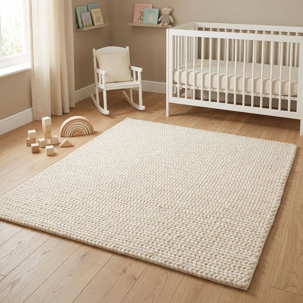 Chunky Wool Rug in ivory cream with a thick, tightly woven braided knit texture and neat finished edges.