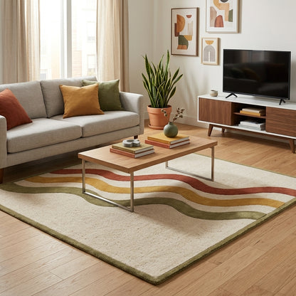 Hand Tufted Wavy Stripe Rug | Mid Century Retro Rug in Rust, Mustard & Olive - Wool Tufted Carpet
