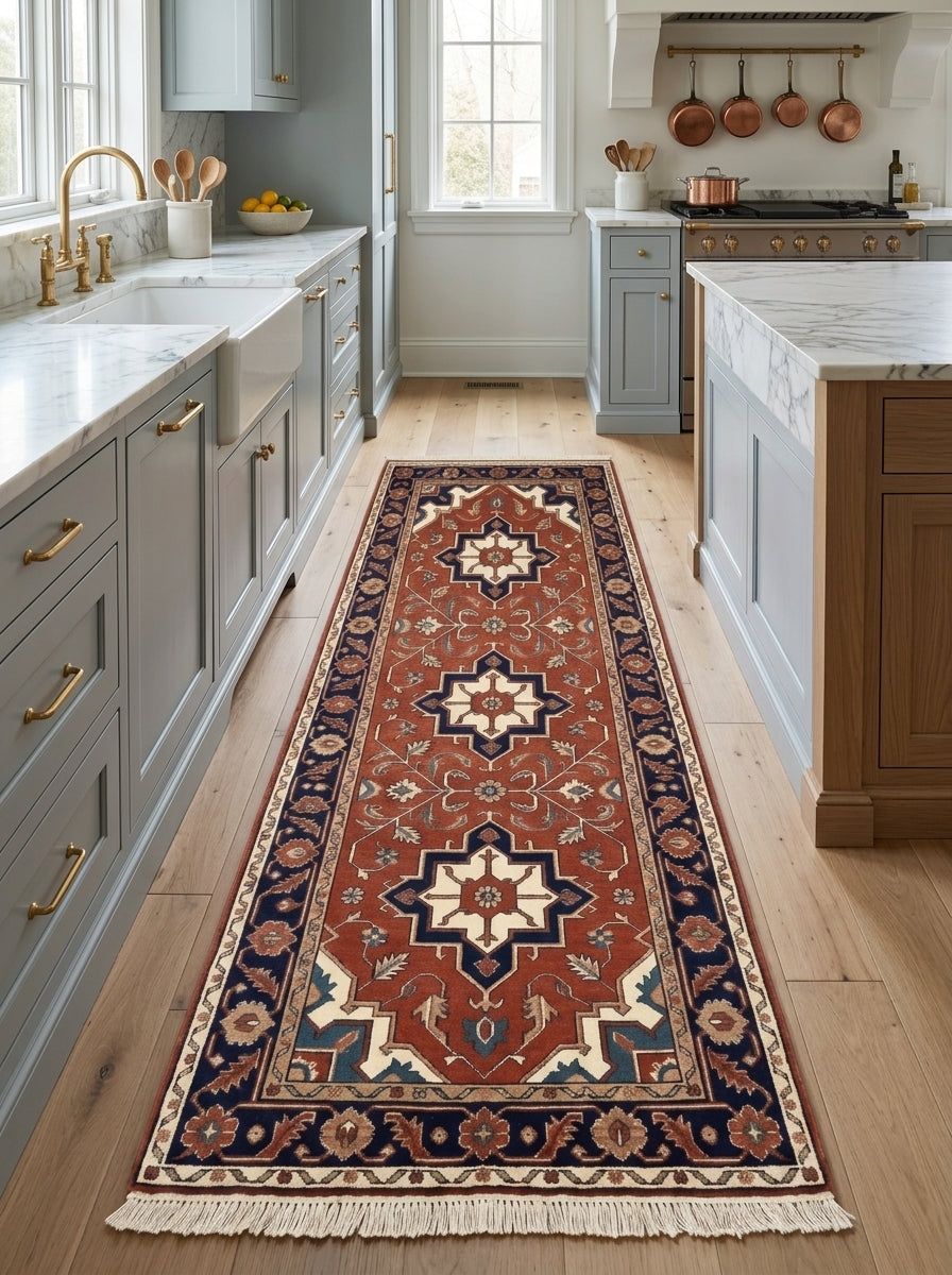 Hand Knotted Oushak Runner Rug in rust red wool with ivory and navy medallions, floral vines, dark border and fringe.