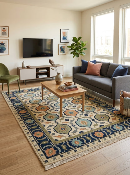 Ivory Navy Hexagon Medallion Hand Knotted Wool Rug, Aqua Orange Olive Geometric