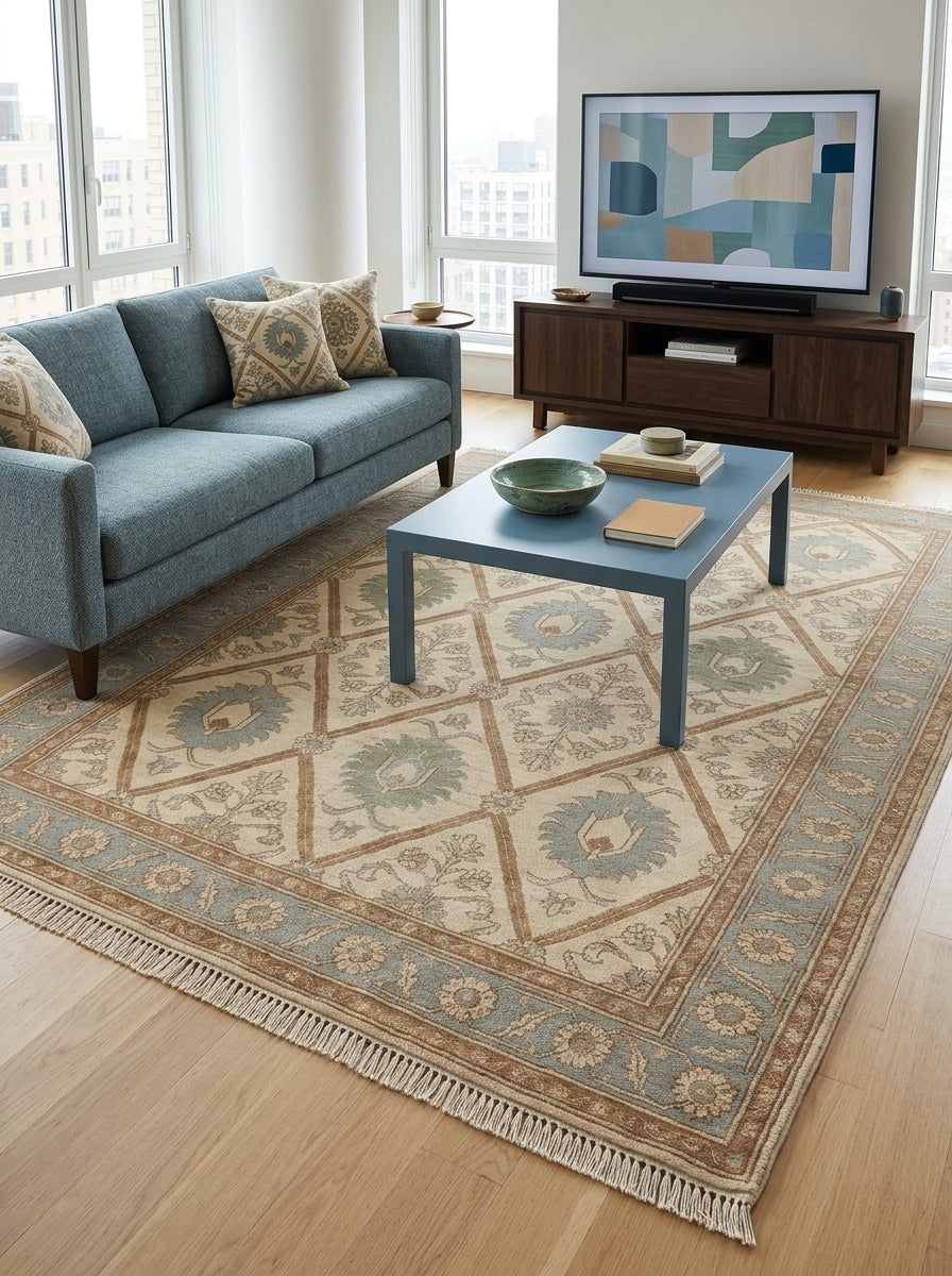 Ivory Garden Lattice Hand Knotted Wool Rug, Floral Powder Blue Border