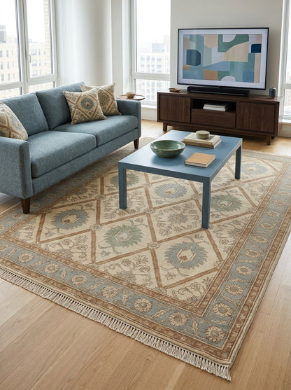 Ivory Garden Lattice Hand Knotted Wool Rug, Floral Powder Blue Border