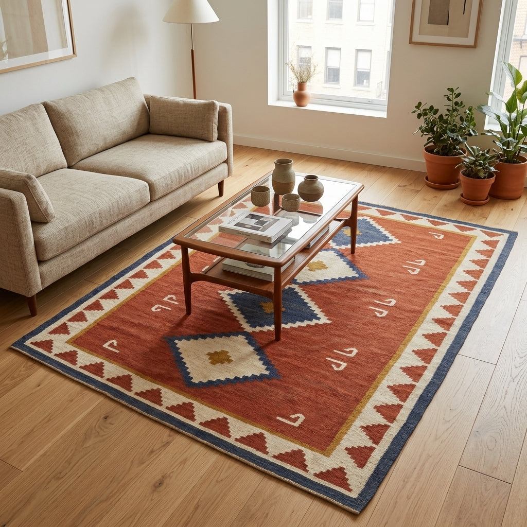 Southwestern Flatweave Wool Rug in rust red with navy and ivory stepped diamonds, ivory triangle border, and tribal motifs.
