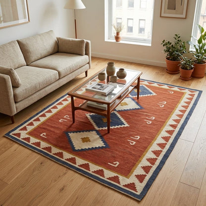 Southwestern Flatweave Wool Rug in rust red with navy and ivory stepped diamonds, ivory triangle border, and tribal motifs.