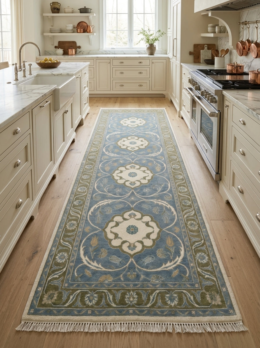 Hand Knotted Oushak Runner Rug in muted blue wool, with ivory floral medallions, olive vine border and fringe.