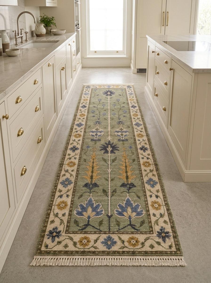 Hand Knotted Oushak Runner Rug in sage green wool with ivory floral border, blue and mustard vase motifs and fringe.