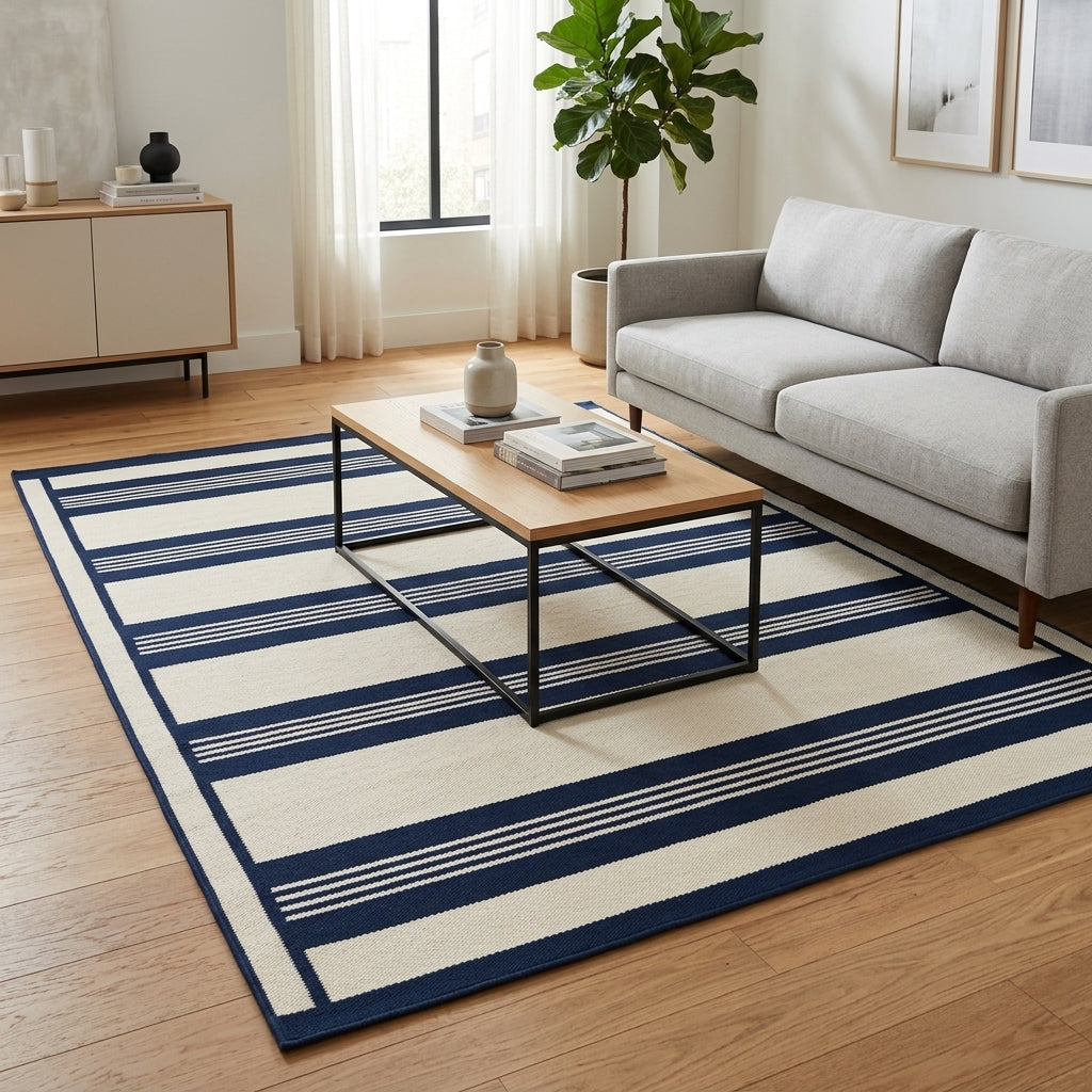 Flatweave wool rug in navy and ivory stripes, Southwestern Flatweave Wool Rug with bold bands, fine pinstripes, and a framed edge.
