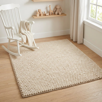 Chunky Wool Rug, Handwoven Felt Ball Pebble Area Rug, Ivory White Carpet, Modern Scandinavian Japandi Decor, Thick Cozy Living Room Floor Rug