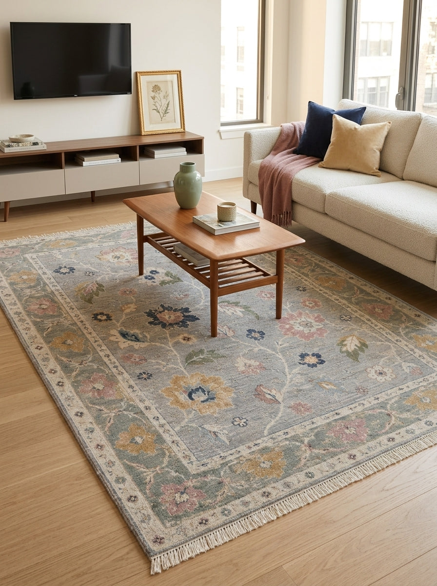 Dove Gray Floral Hand Knotted Wool Rug, Oushak Style Sage Green Border
