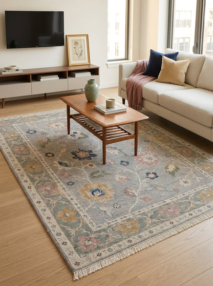 Dove Gray Floral Hand Knotted Wool Rug, Oushak Style Sage Green Border