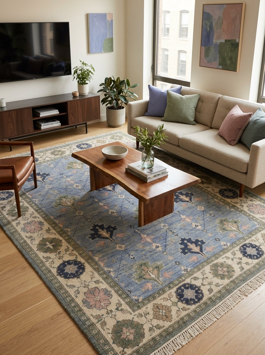 Cornflower Blue Geometric Hand Knotted Wool Rug, Tree Motif Ivory Sage Border