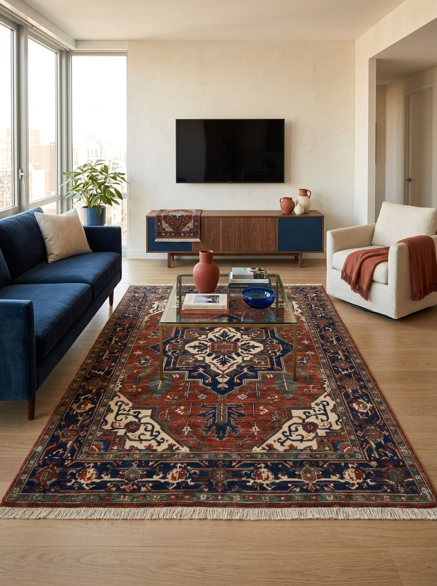 Heriz Hand Knotted Wool Rug in rust red and navy, with a stepped medallion, ivory corner motifs and fringe.