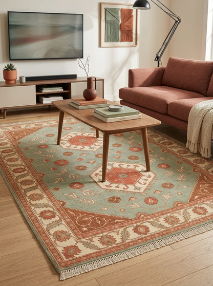 Sage Green Double Medallion Hand Knotted Wool Rug, Kazak Style Coral Ivory Border
