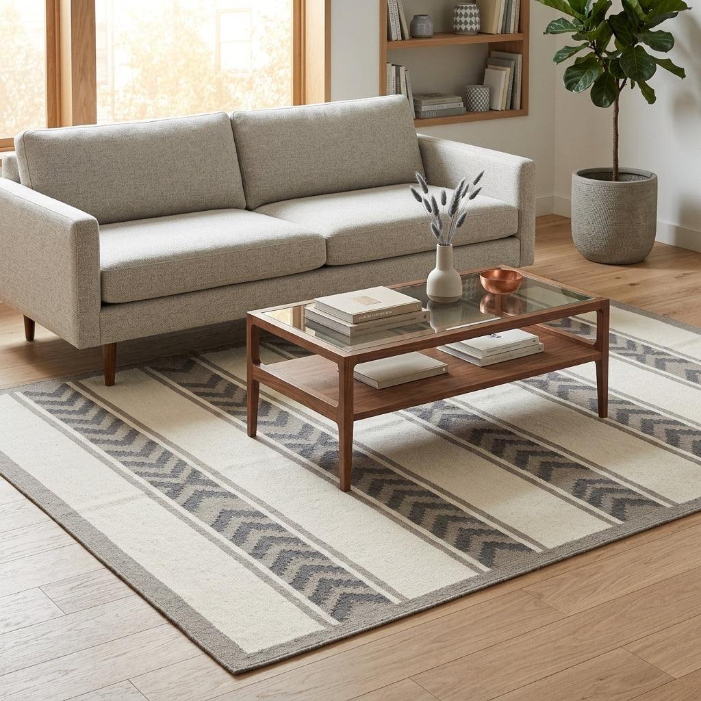 Southwestern Flatweave Wool Rug in ivory and taupe with charcoal chevron stripes, woven texture, and a taupe border.