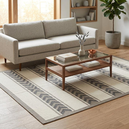 Southwestern Flatweave Wool Rug in ivory and taupe with charcoal chevron stripes, woven texture, and a taupe border.