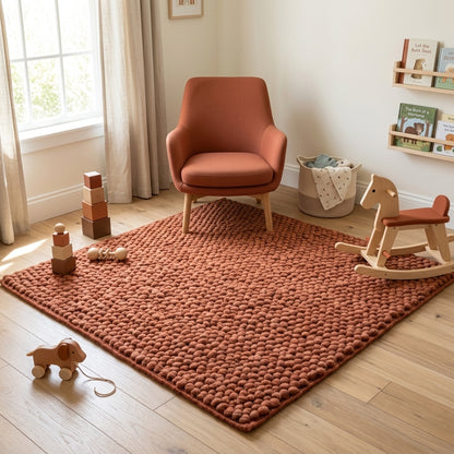 Chunky Wool Rug, Handwoven Pebble Texture Area Rug, Terracotta Rust Carpet, Modern Boho Earthy Decor, Thick Cozy Living Room Floor Rug