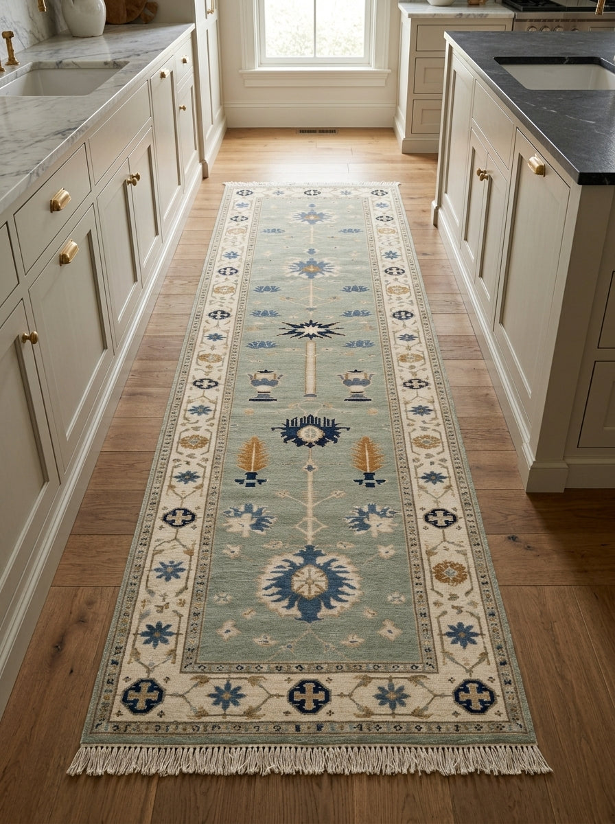 Hand Knotted Oushak Runner Rug in muted seafoam green wool, with ivory floral borders, blue and amber urn motifs, and fringe.