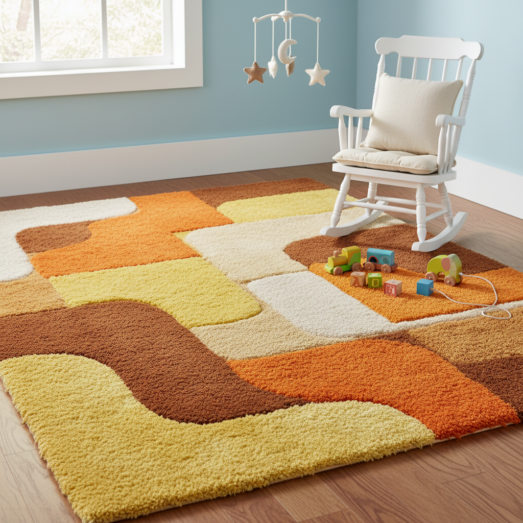 Handmade tufted wool rug with retro geometric design in warm sunset tones for mid century vintage decor