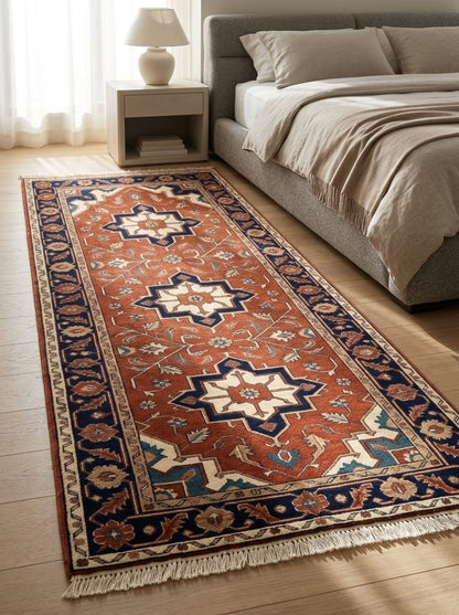 Hand Knotted Oushak Runner Rug in rust red wool, with three ivory and navy medallions, floral vines, navy border and fringe.
