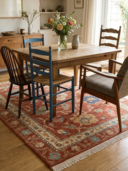 Terracotta Floral Bird Hand Knotted Wool Rug, Oushak Style Ivory Border