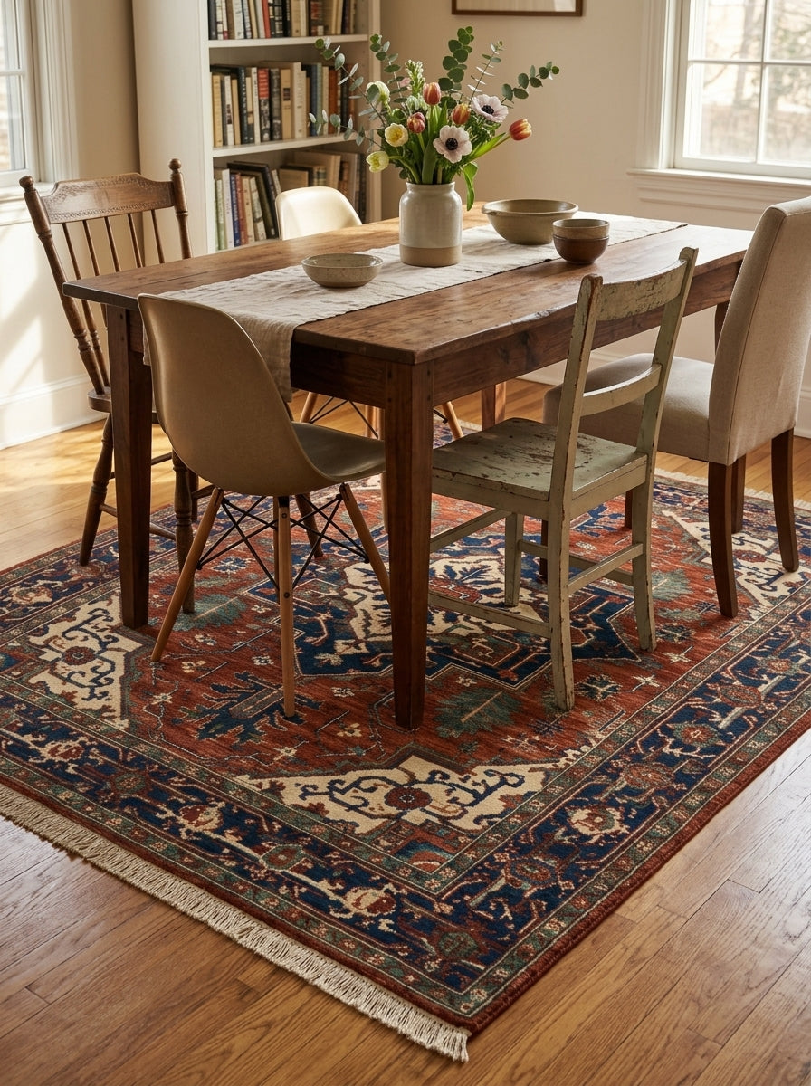 Heriz Hand Knotted Wool Rug with a rust-red ground, navy geometric medallion, cream fringe and dense floral border pattern
