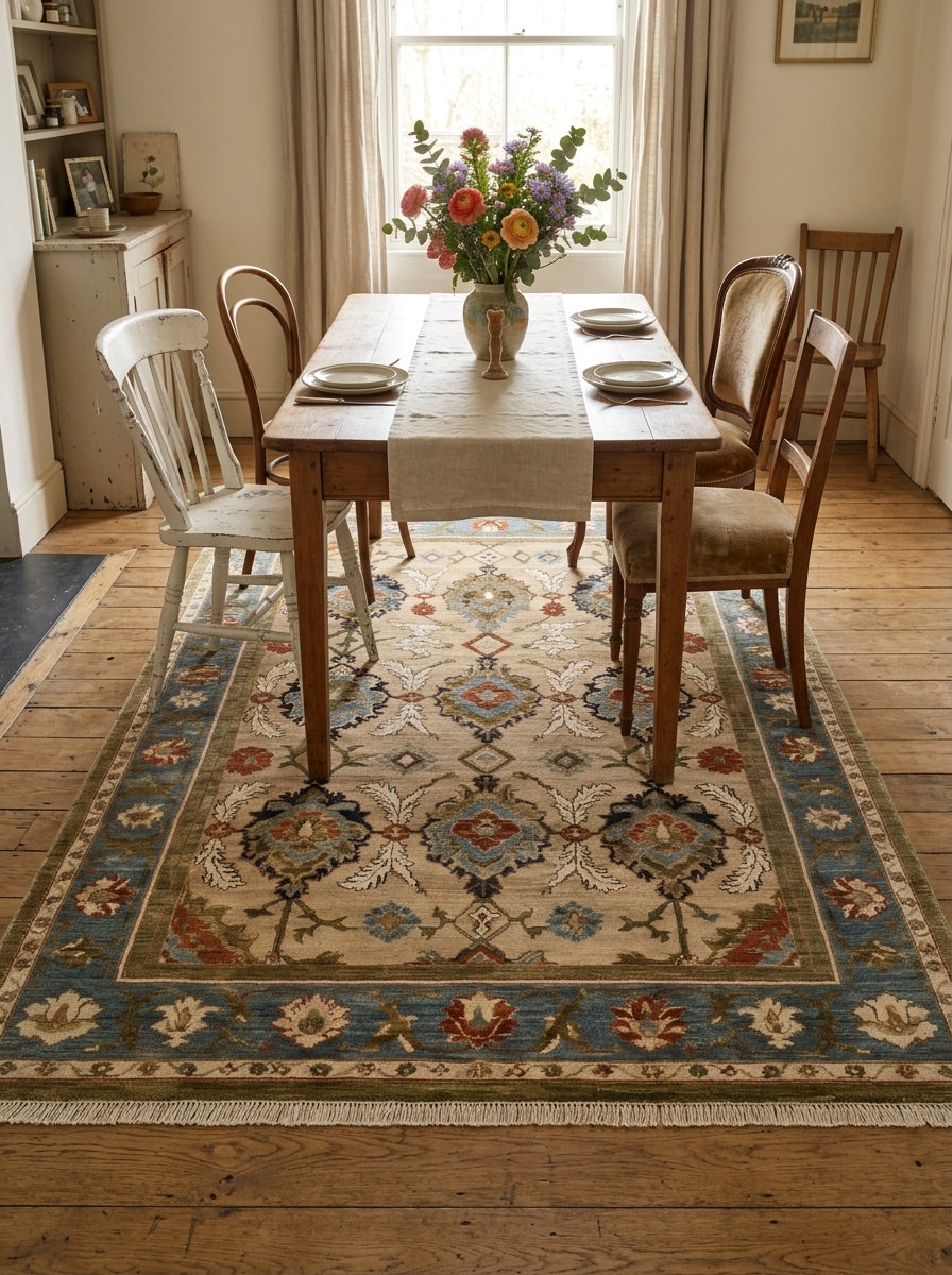Oushak Hand Knotted Rug in camel beige wool, with a floral palmette lattice, slate blue border and fringe.